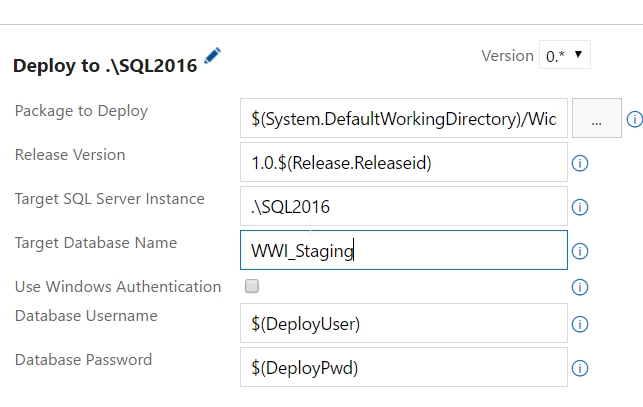 On the ReadyRoll task properties page, under Deploy to .\SQL2016, the Target Database Name is now WWI_Staging.
